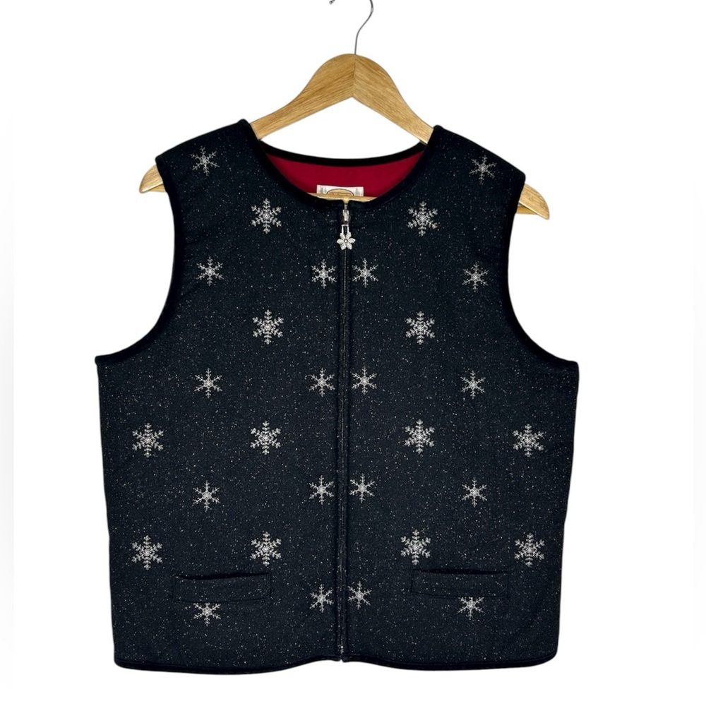 VTG Talbots Wool Mix Quilted Black Sparkle Embroidery Snowflake Holidays Vest MP